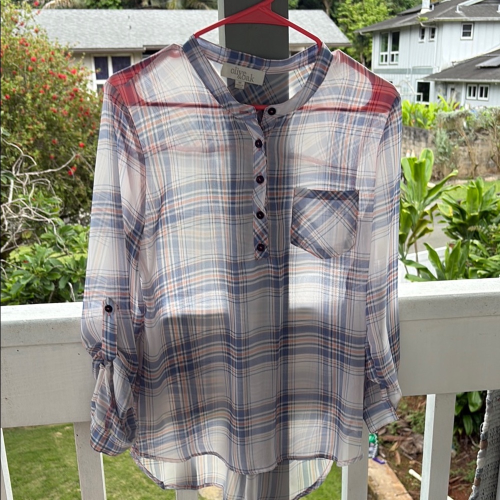 Olive & Oak Womens Windowpane Sheer Shirt Blouse